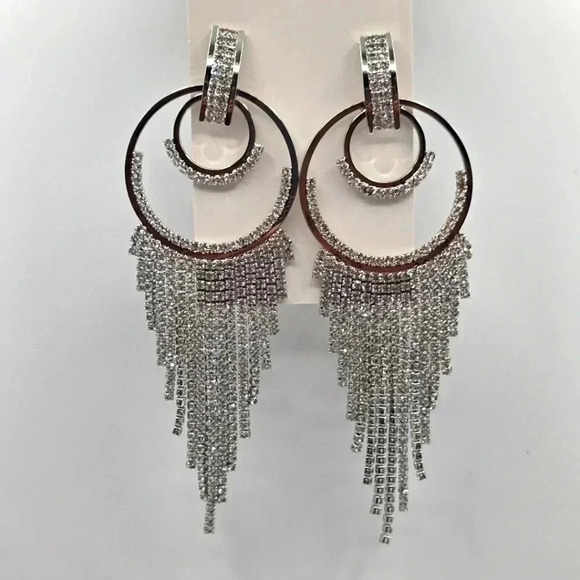 Rhinestone Silver Circle Fringe Dangle Long Earrings Fashion Jewelry Medium E38 - Picture 1 of 3